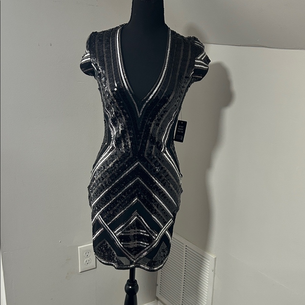 Express Black and Silver V-Neck Mini Dress